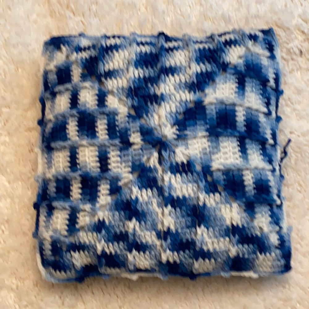 Vintage retro crochet throw pillow boho bohemian blue white handmade